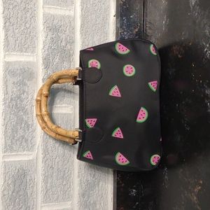 Sunny Hawaii Women's Black Watermelon Print Handbag with Wooden Handles